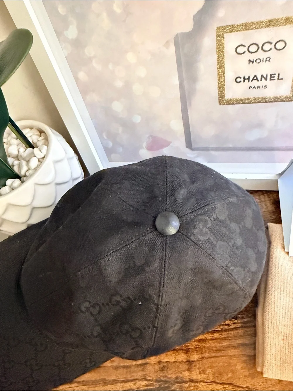 Gucci Black Monogram Baseball Cap with Green-Red Web Stripe
